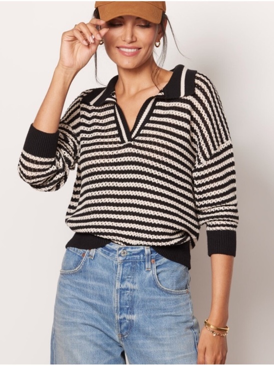 525 America Sweaters - 525 America Black Cream Striped Collared Coastal Polo Sweater